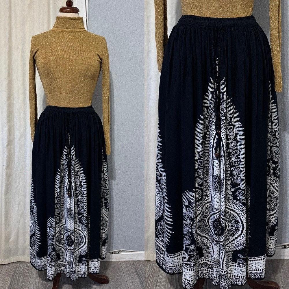 Gypsie Blu Womens Maxi S Lined Skirt Black White‎ Bead Boho Festival Y2K 90s Vtg